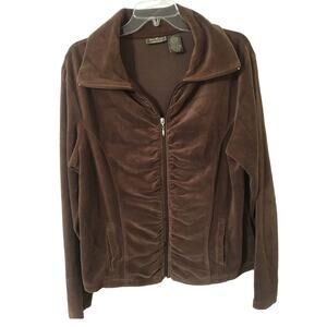 Jane Ashley Casual Lifestyle Size L Brown Velour Ruched Zip Jacket W Pockets